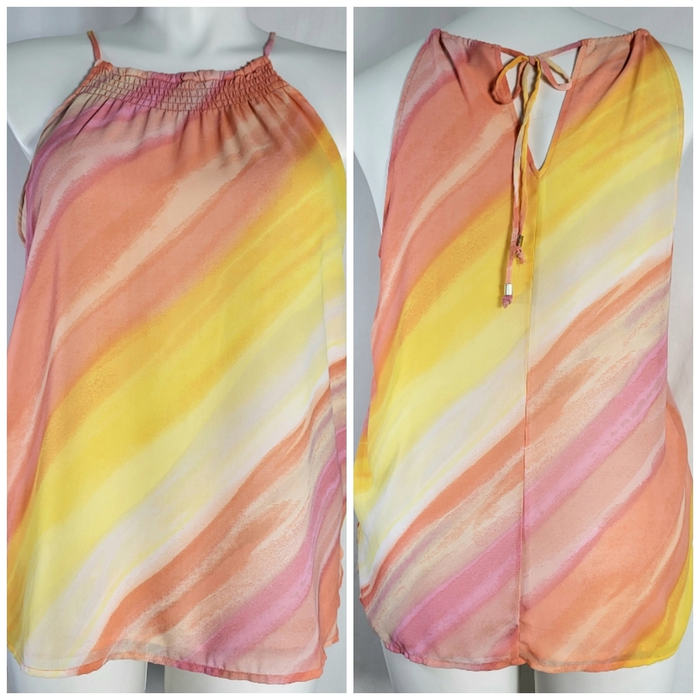 SOHO NY&Co Chiffon Tunic Tank Style TOP Womens Size L Spaghetti Strap Tie Neck